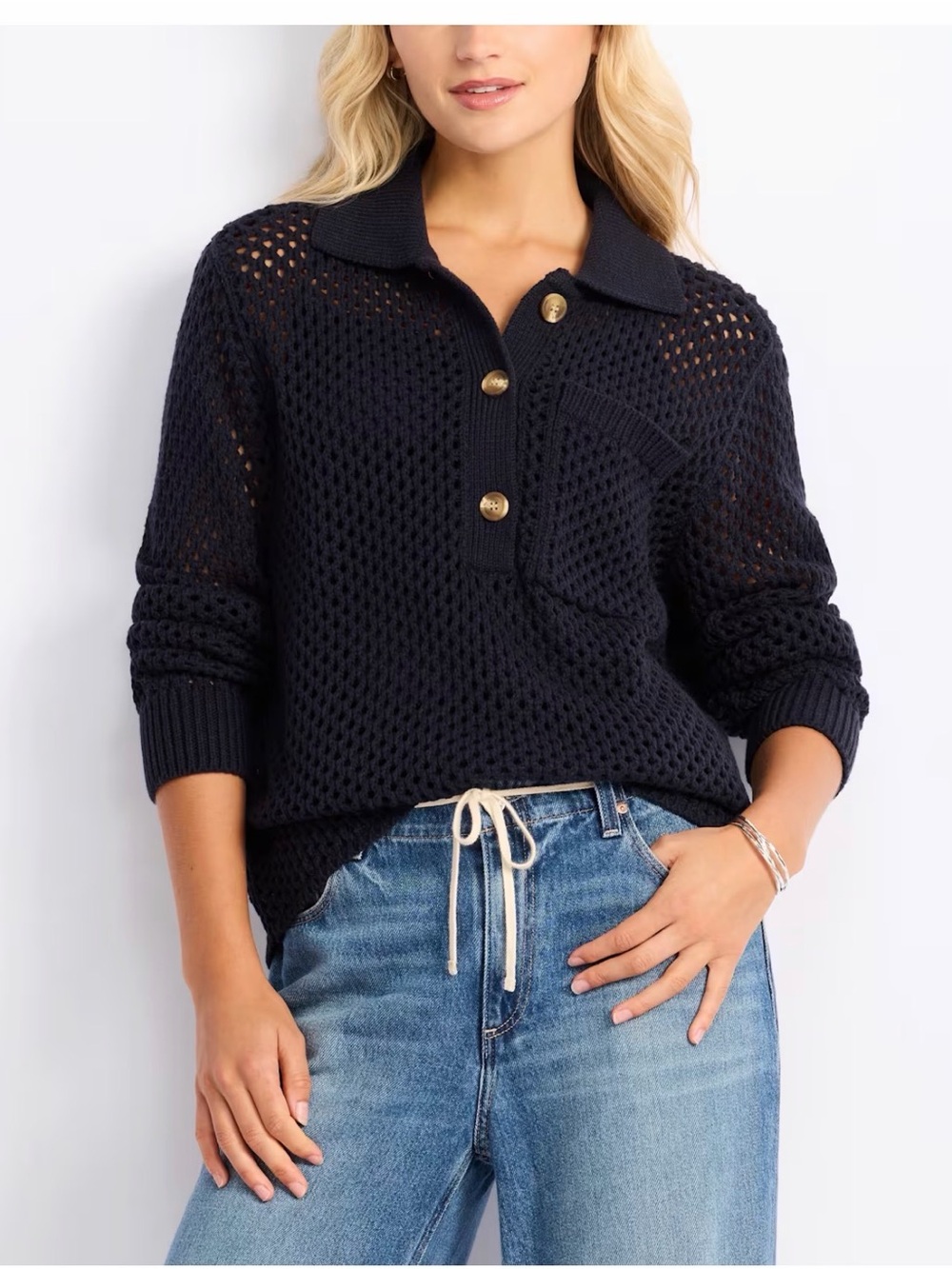 Black Open-Knit Polo Sweater with Gold Buttons